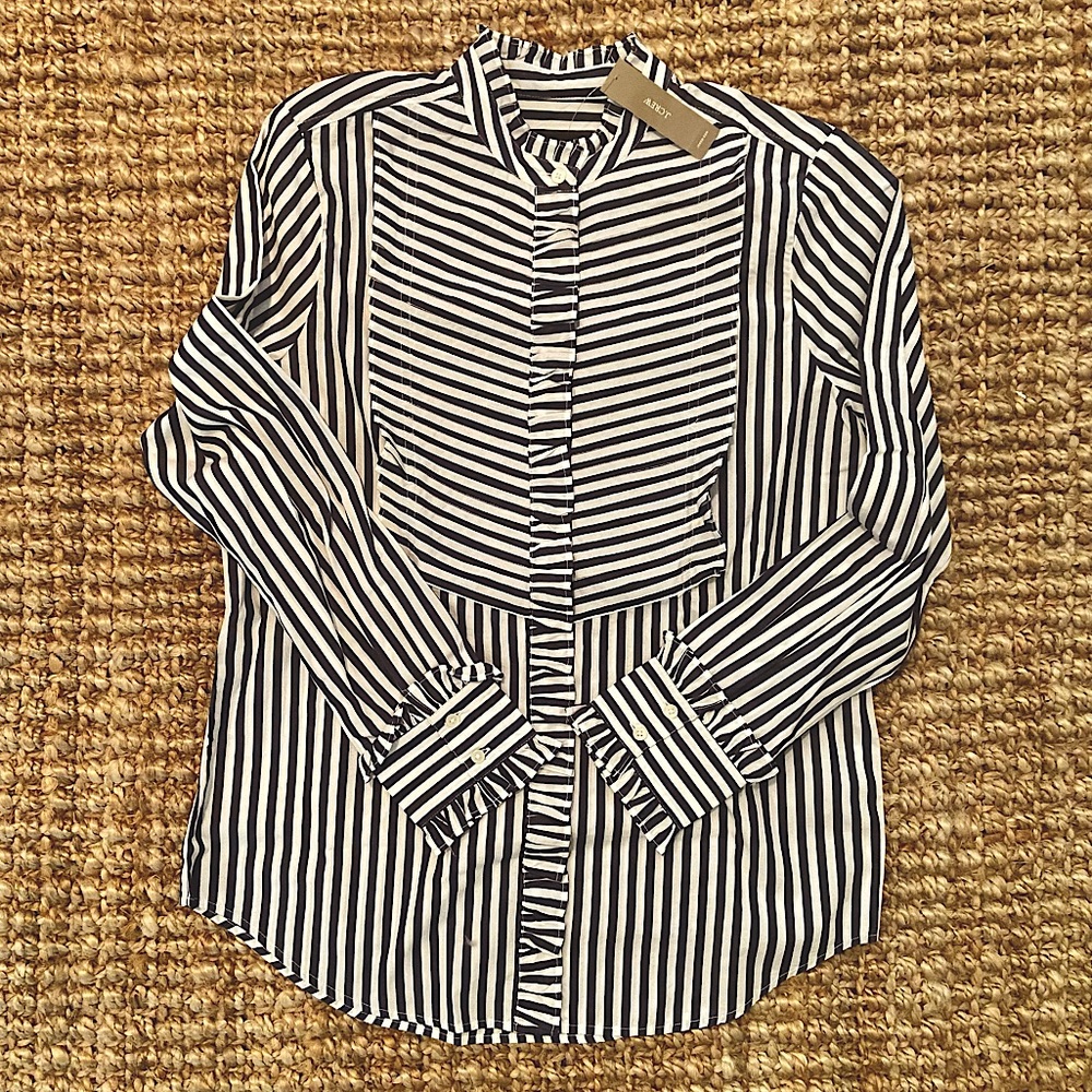 J. Crew Ruffle Trim Tuxedo Shirt in Stripe NWT S